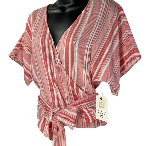 BILLABONG Local Shores Wrap Top Sz M Red White Striped Waist Tie Cotton Rayon - Picture 5 of 14